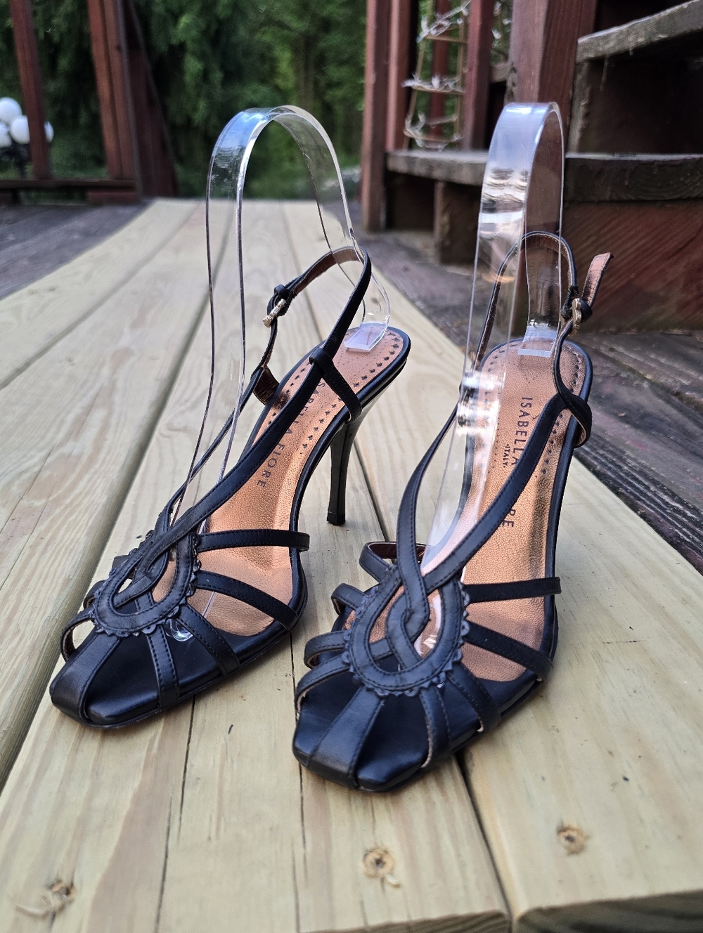 Vtg, Isabella Fiore, Bohemian Strappy Black Leather Heeled Sandals, Sz 7M